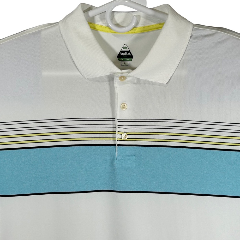 Bolle Golf Mens B-Tech Polo Shirt White Blue Yellow Striped Large 5986